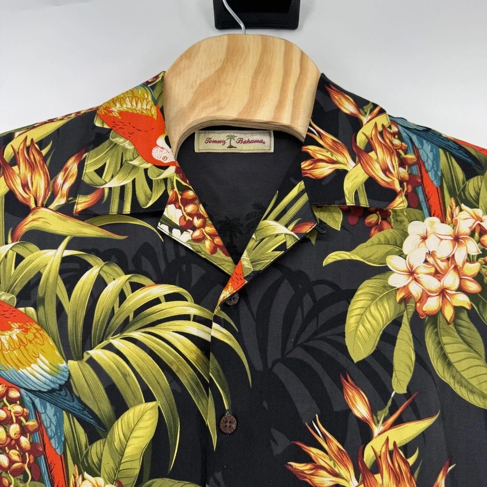 Tommy Bahama Mens S Silk Parrot Tropical Floral Camp Shirt Black Short Sleeve